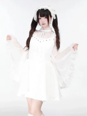 White Jirai Kei jumper dress with hime-sleeved sheer blouse front studio view pearl adorned bodice and dramatic ruffled sleeves