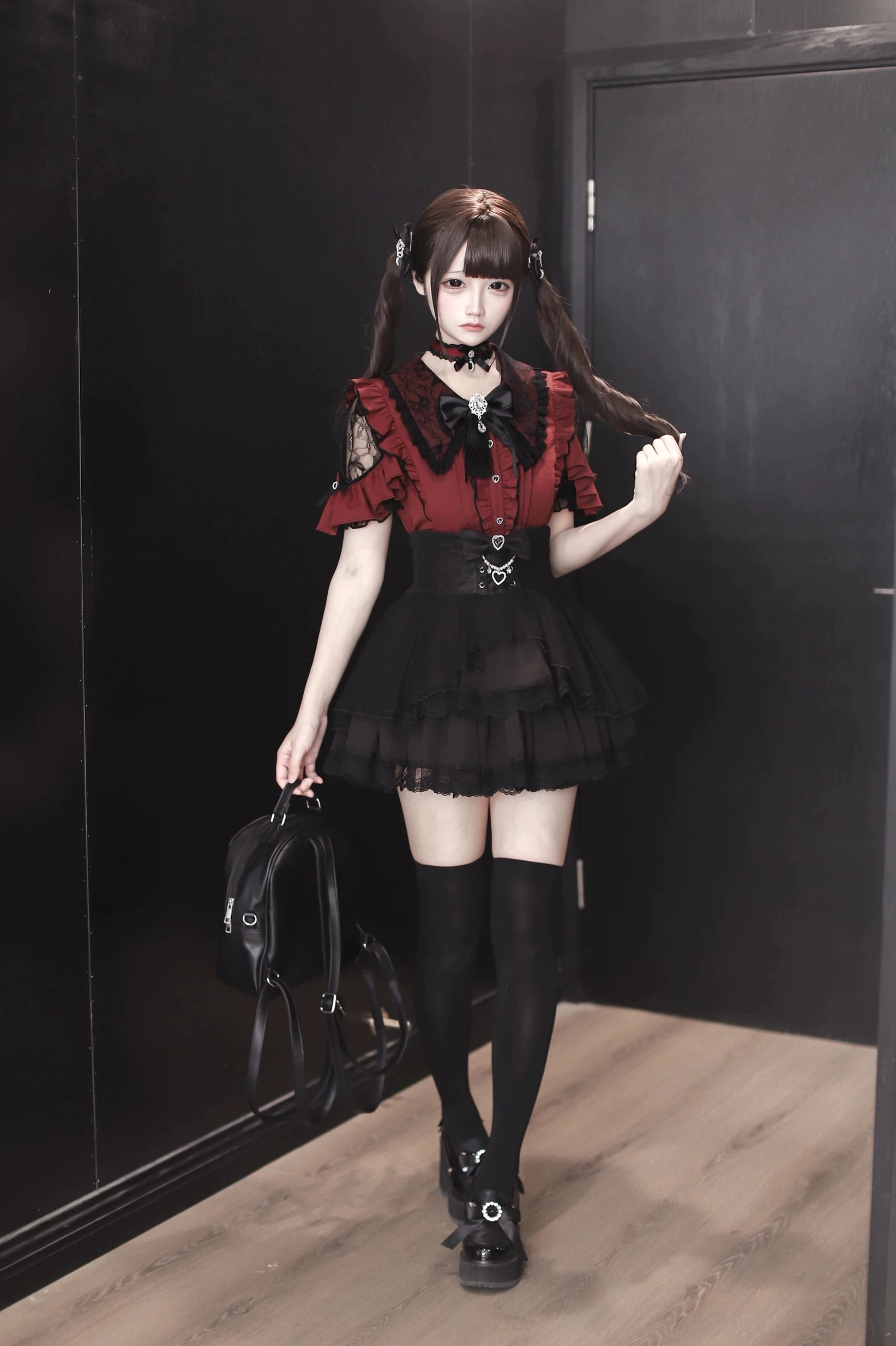 White Jirai Kei blouse with lace sleeves and Peter Pan collar bow accent detail