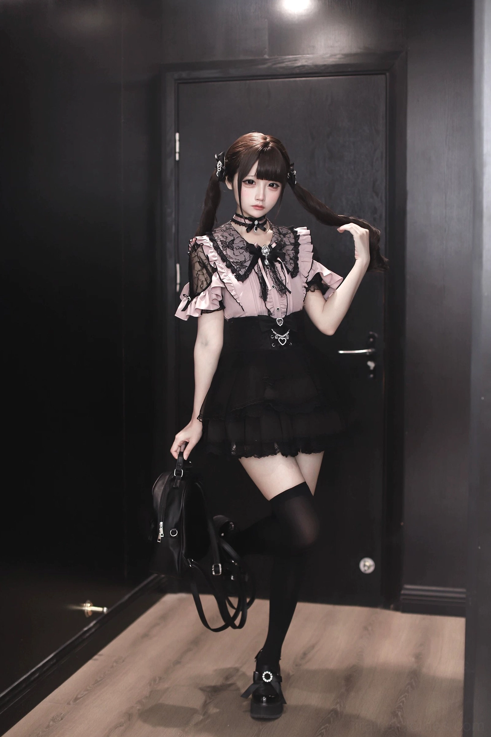 White Jirai Kei lace blouse with tulle sheer skirt and bow accent sitting pose full body