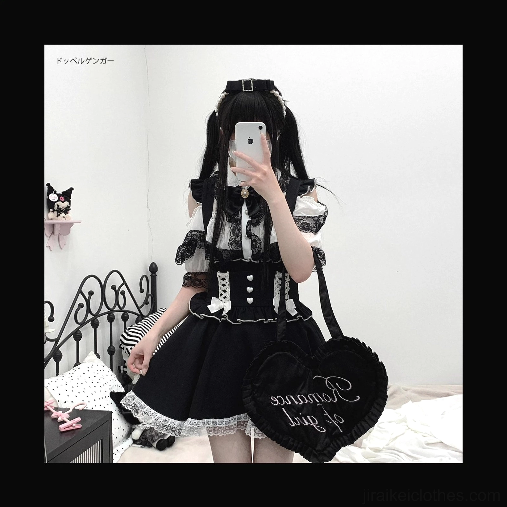 White Jirai Kei lace blouse with petal-shaped collar and bow tie, ethereal romantic design, front mirror selfie styling