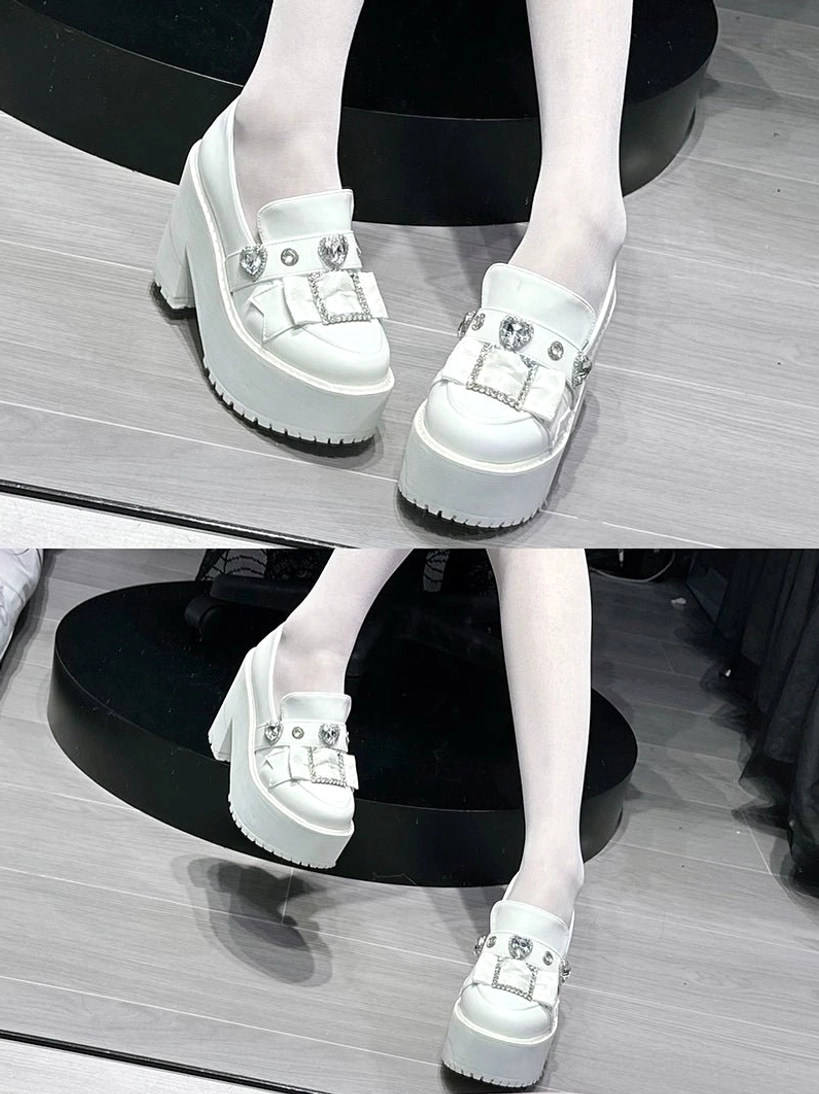 White Jirai Kei platform loafers contrast styling with dark outfit showing intentional visual tension aesthetic