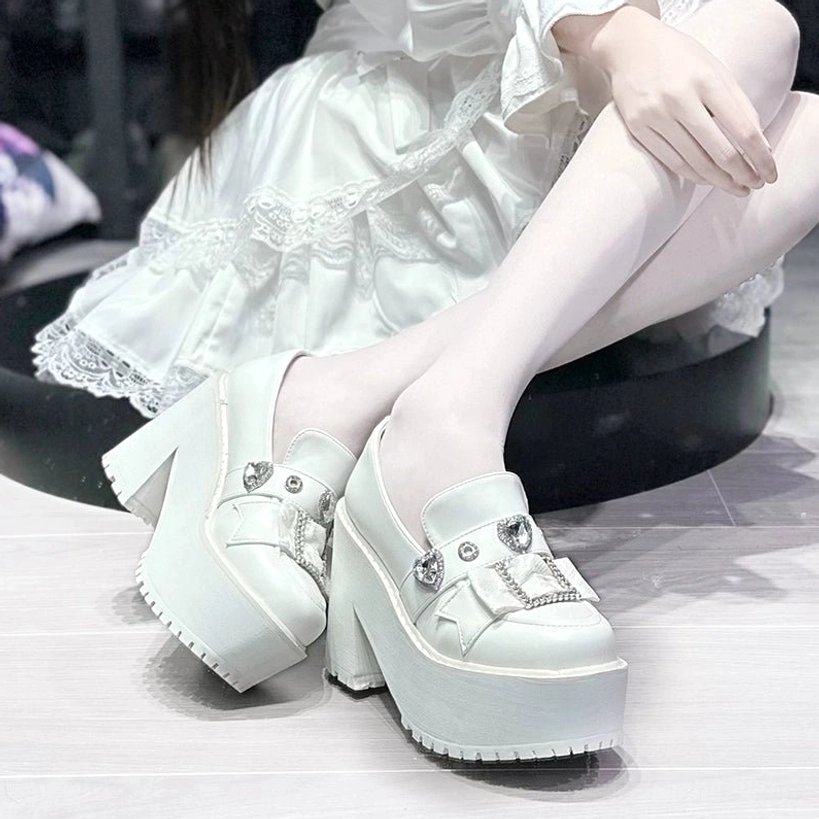 White Jirai Kei platform loafers complete outfit styling with layered chains and heart-shaped accessories