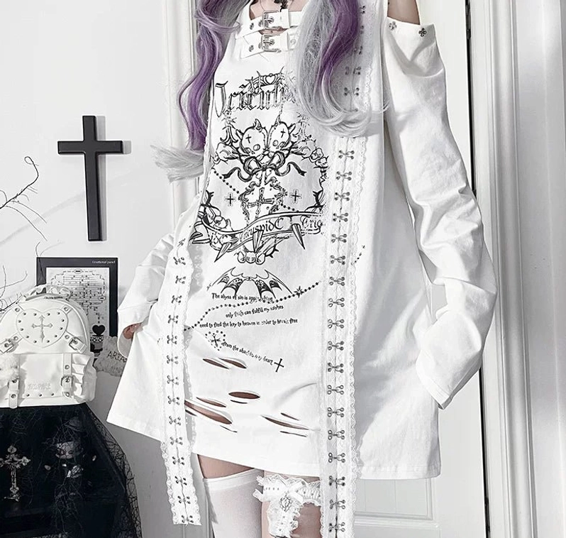 White long-sleeve tee with white print and subtle distressed details, featuring belted collar and cut-out shoulders for minimalist dark subculture aesthetic and Jirai Kei style