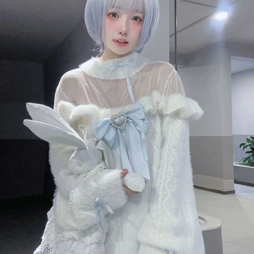 White Jirai Kei stand-collar velvet sweater dress long version full-length front view showing off-shoulder design and ruffle detailing