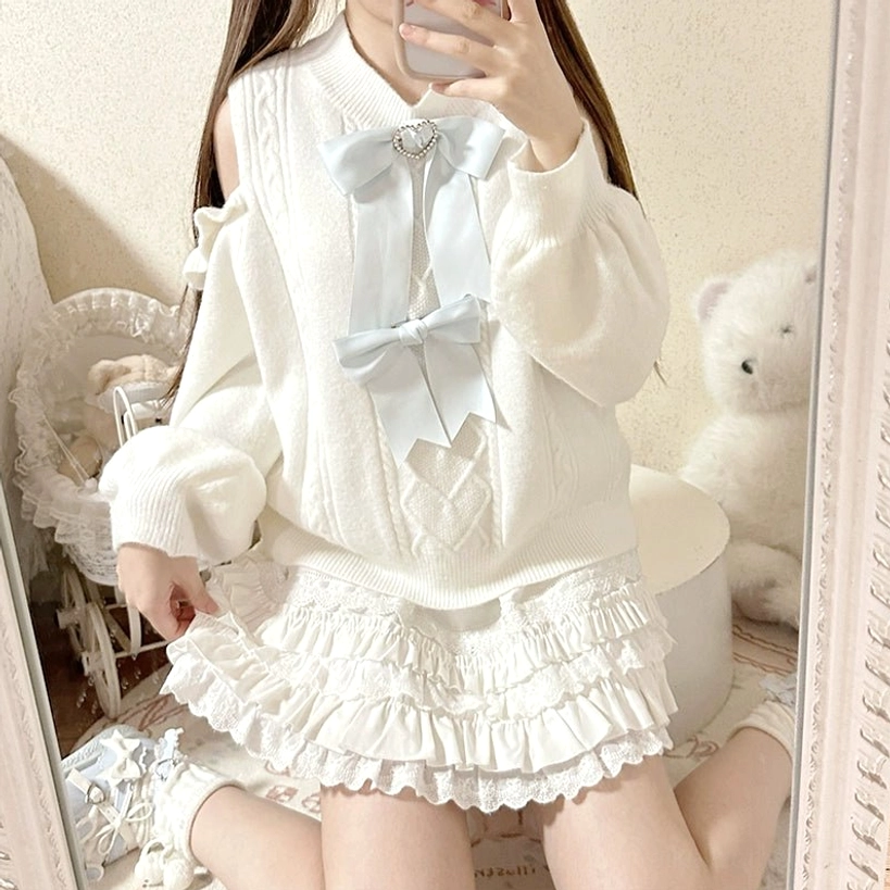 White Jirai Kei long sweater version displayed flat lay showing extended silhouette, collar, and bow placements
