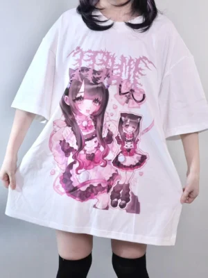White oversized jirai kei drop shoulder maid graphic t-shirt with pink and purple gothic anime print, model wearing black thigh-high socks, front studio photography