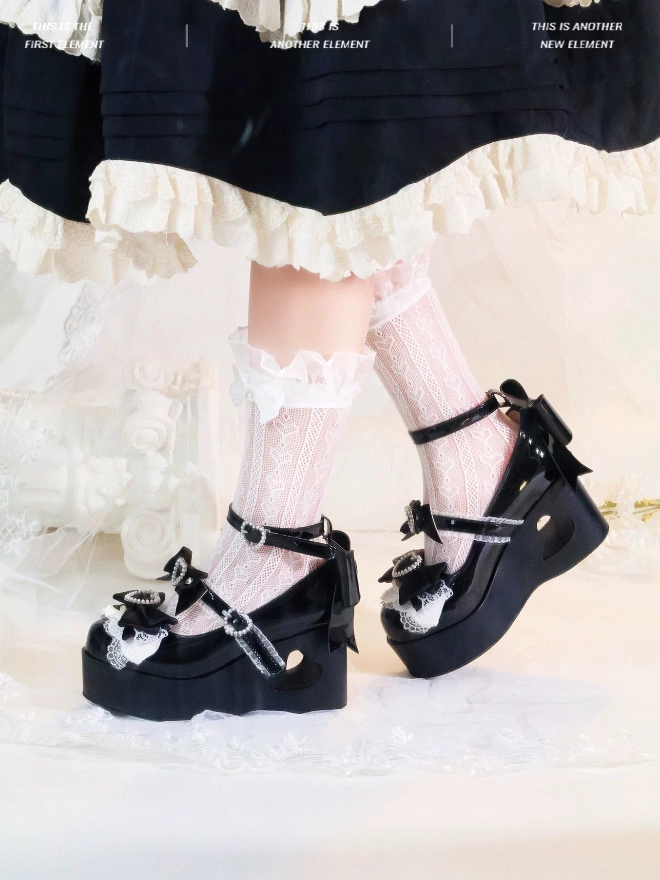 White Jirai Kei platform Mary Jane shoe in studio setting displaying full shoe silhouette with bow details and heart-cutout heel architectural design