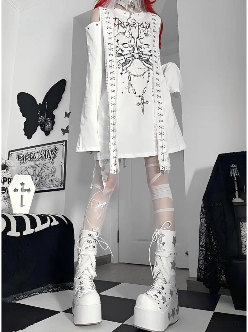 White cold-shoulder gothic dual skull print t-shirt dress full body front view with red hair model and platform boots