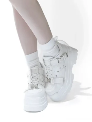 White Jirai Kei platform sneaker boots metal buckles front view model feet white socks