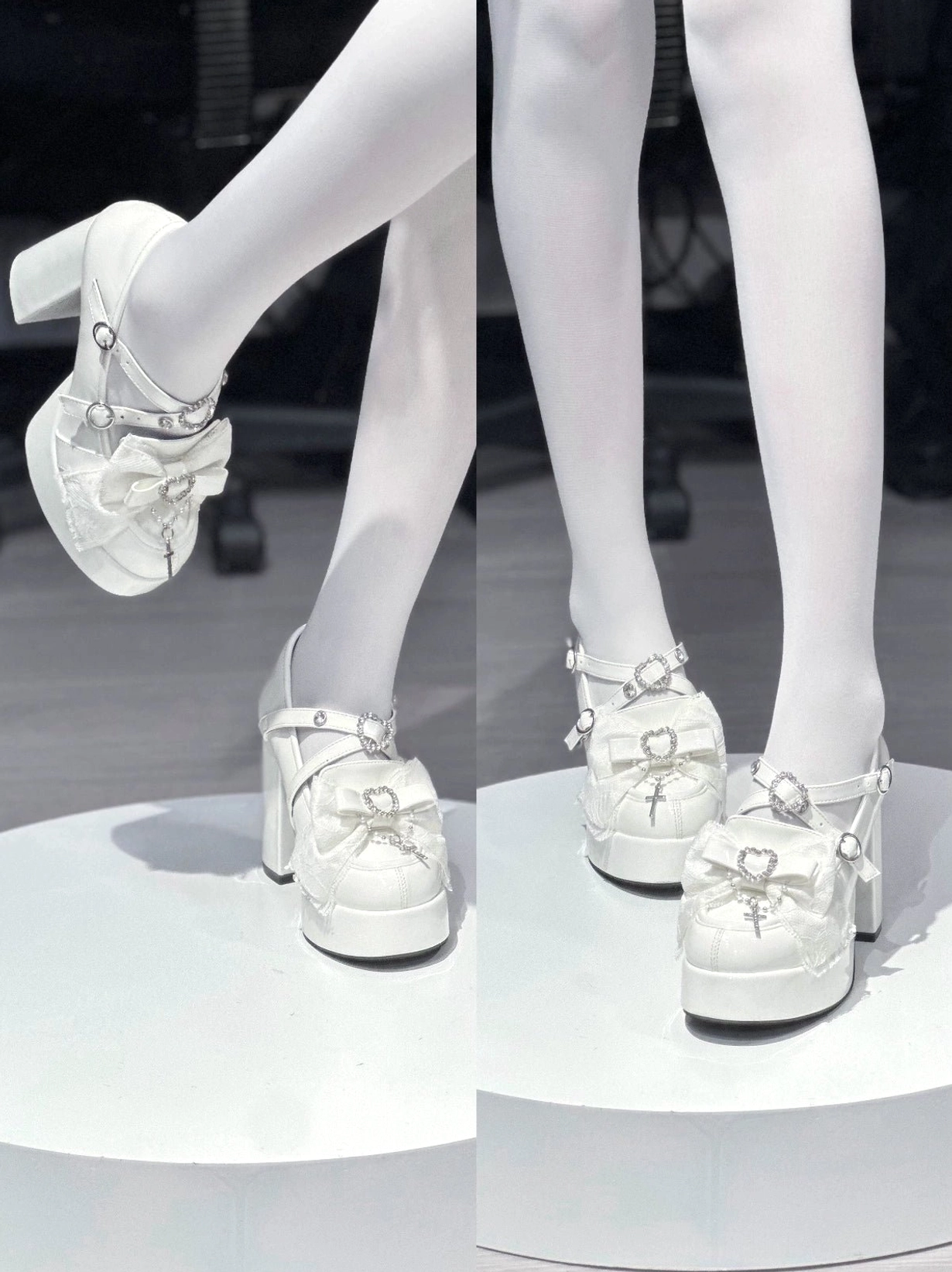 Side profile close-up of white Jirai Kei platform heel shoe showing glossy patent finish, heart rhinestone buckle detail, and thick platform sole structure