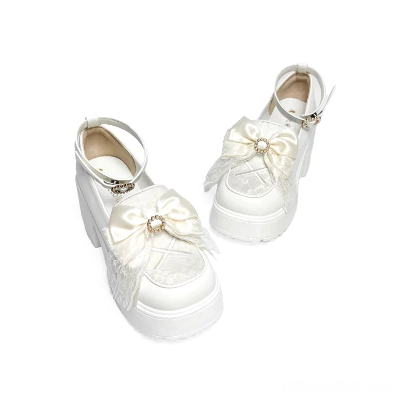 White Jirai Kei platform loafer complete product view featuring organza bow heart-shaped pearls adjustable ankle strap and premium PU leather