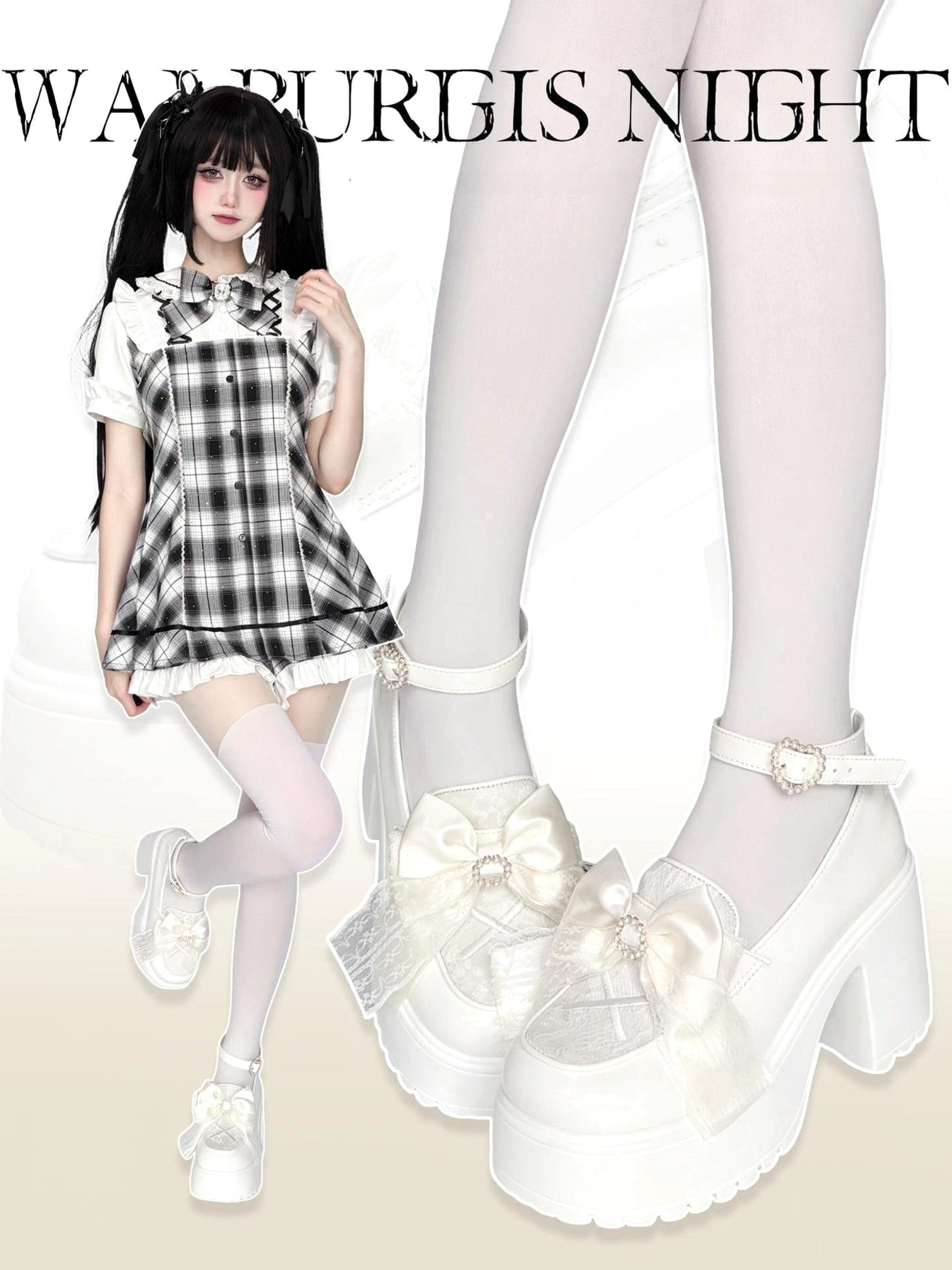 White Jirai Kei platform loafer low front display with sheer organza bow chunky platform sole worn by twin-tailed model in plaid outfit with white stockings