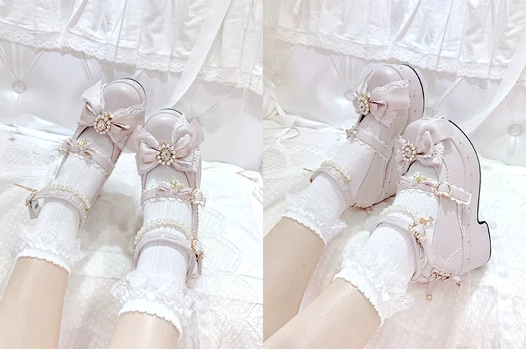White Jirai Kei platform Lolita shoes delicate embellishments kawaii aesthetic cute fashion