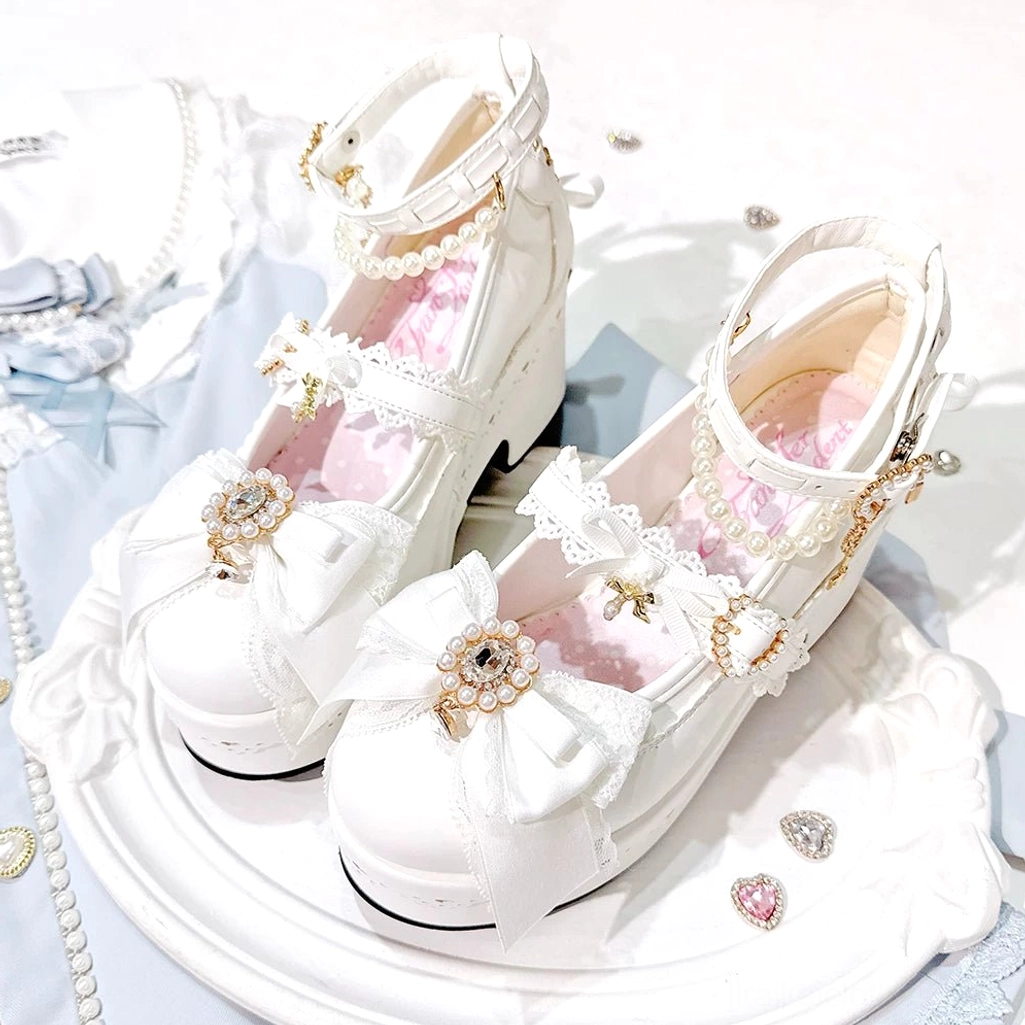 White Jirai Kei platform Lolita shoes worn white variant color option detailed embellishments