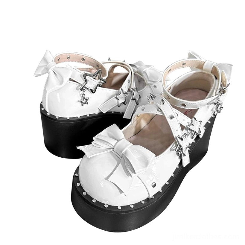 Styling guide for white Jirai Kei platform Mary Jane shoes paired with coordinating outfits, stockings, and accessories for complete aesthetic look