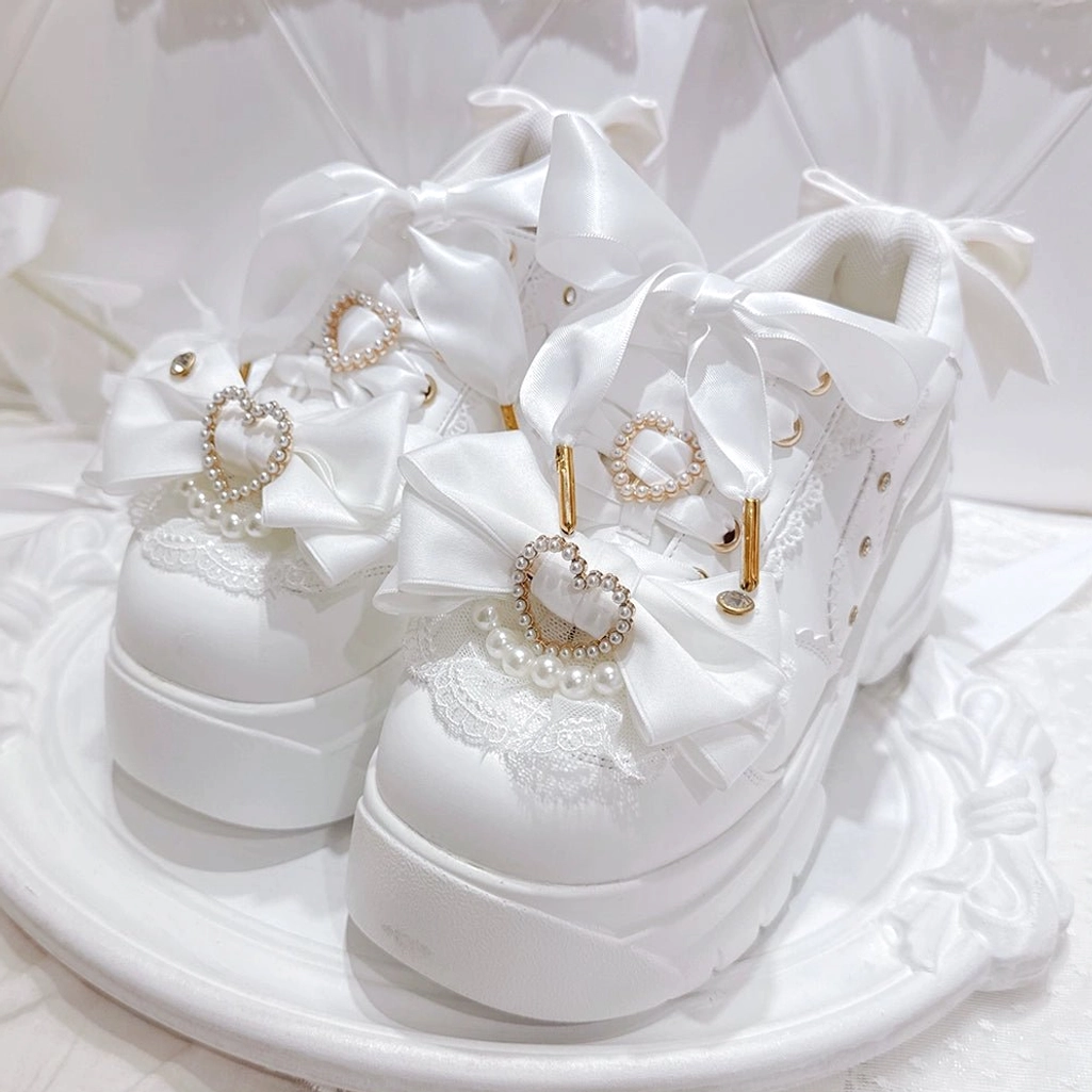White Jirai Kei platform shoes with detachable bow clips, rhinestone accents, chunky platform sole, all sizes EU 35-40 available