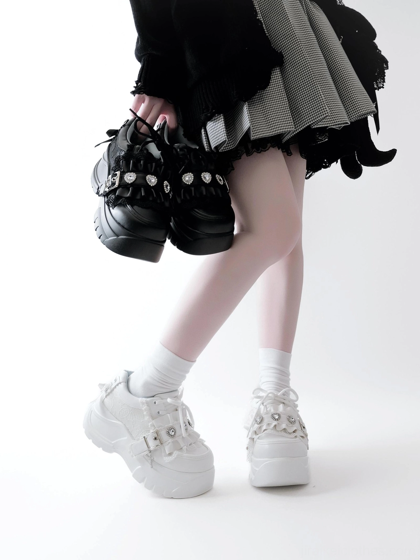 White jirai kei platform shoes detailed view heart rhinestone embellishment buckle gothic lolita footwear