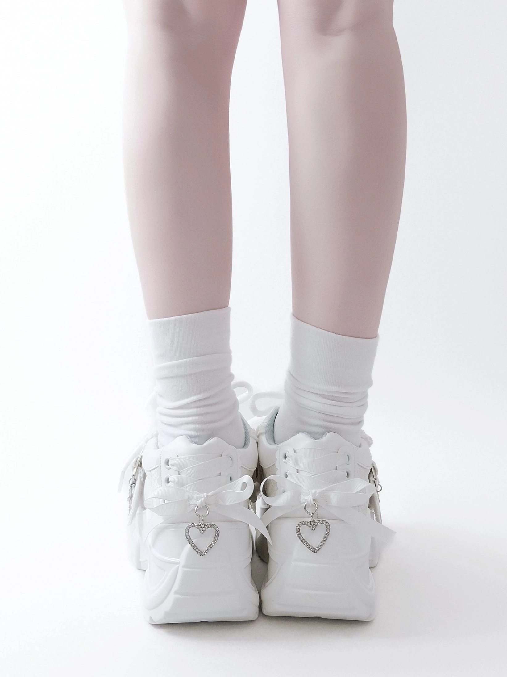 White jirai kei platform shoes multiple angles display product quality heart rhinestone gothic design