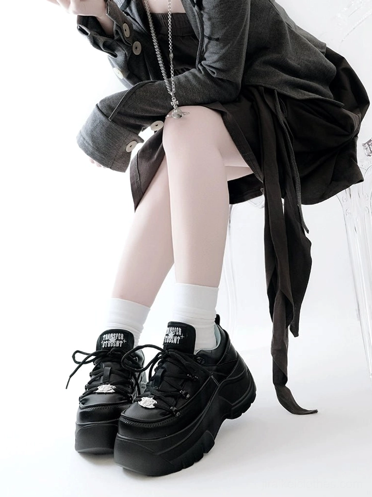 Jirai kei platform sneakers white colorway thick foam sole lace up closure metal hardware branding details and premium pu upper material