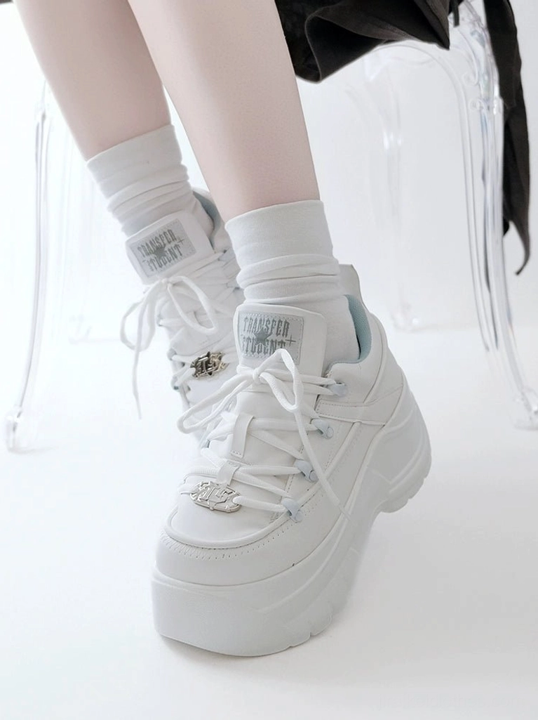 White jirai kei platform casual sneakers pairs beautifully with pastels and metallics for complete jirai kei aesthetic outfit coordination