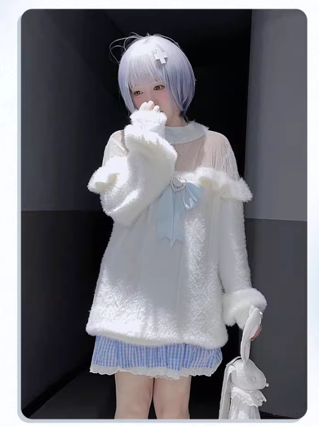 Half-body front standing view of white sweater with puff long sleeves and light purple short hair model, paired with light blue pleated skirt