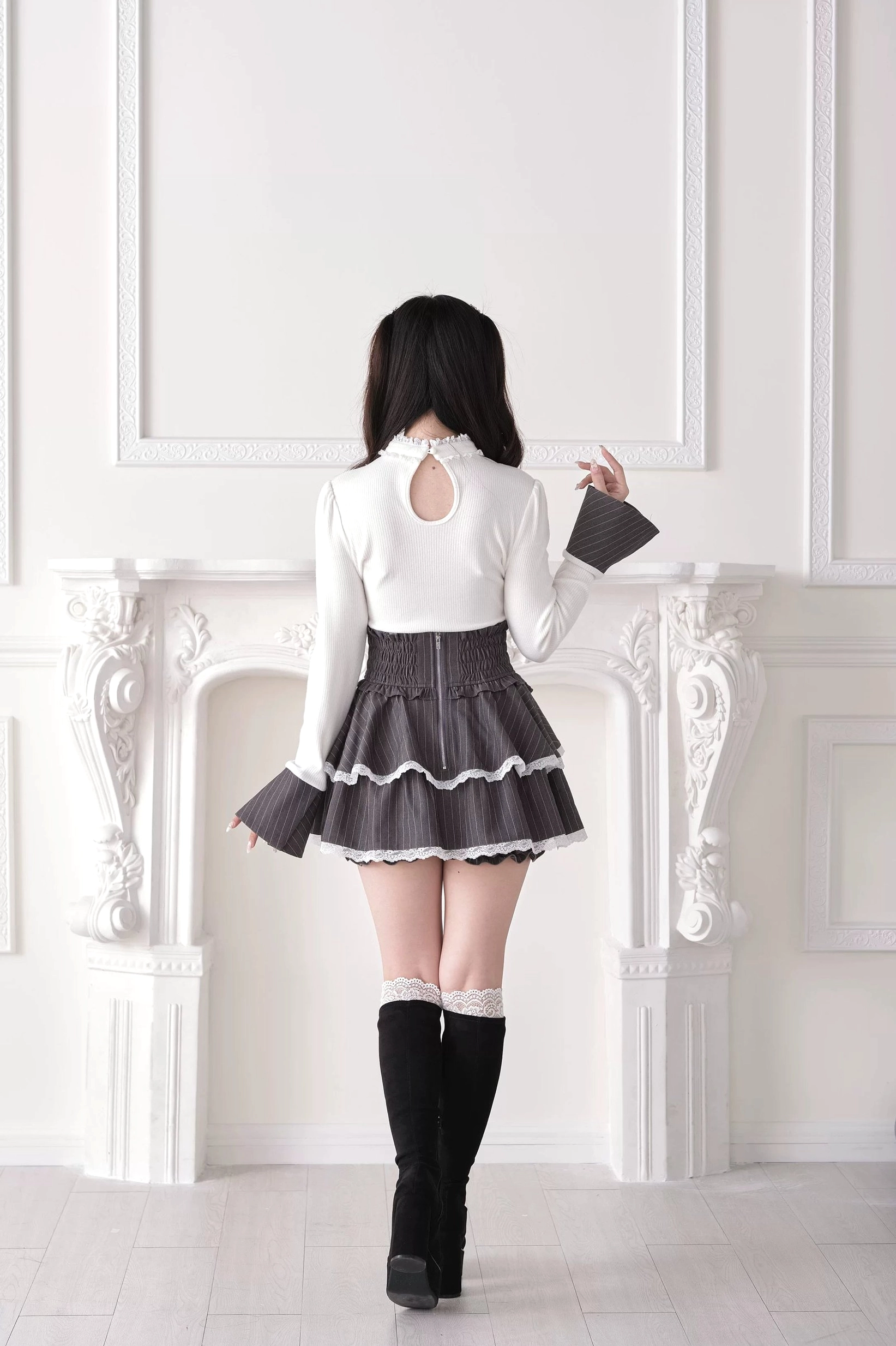 White Jirai Kei ruffled choker knit top back keyhole design flared cuffs black boots full body view