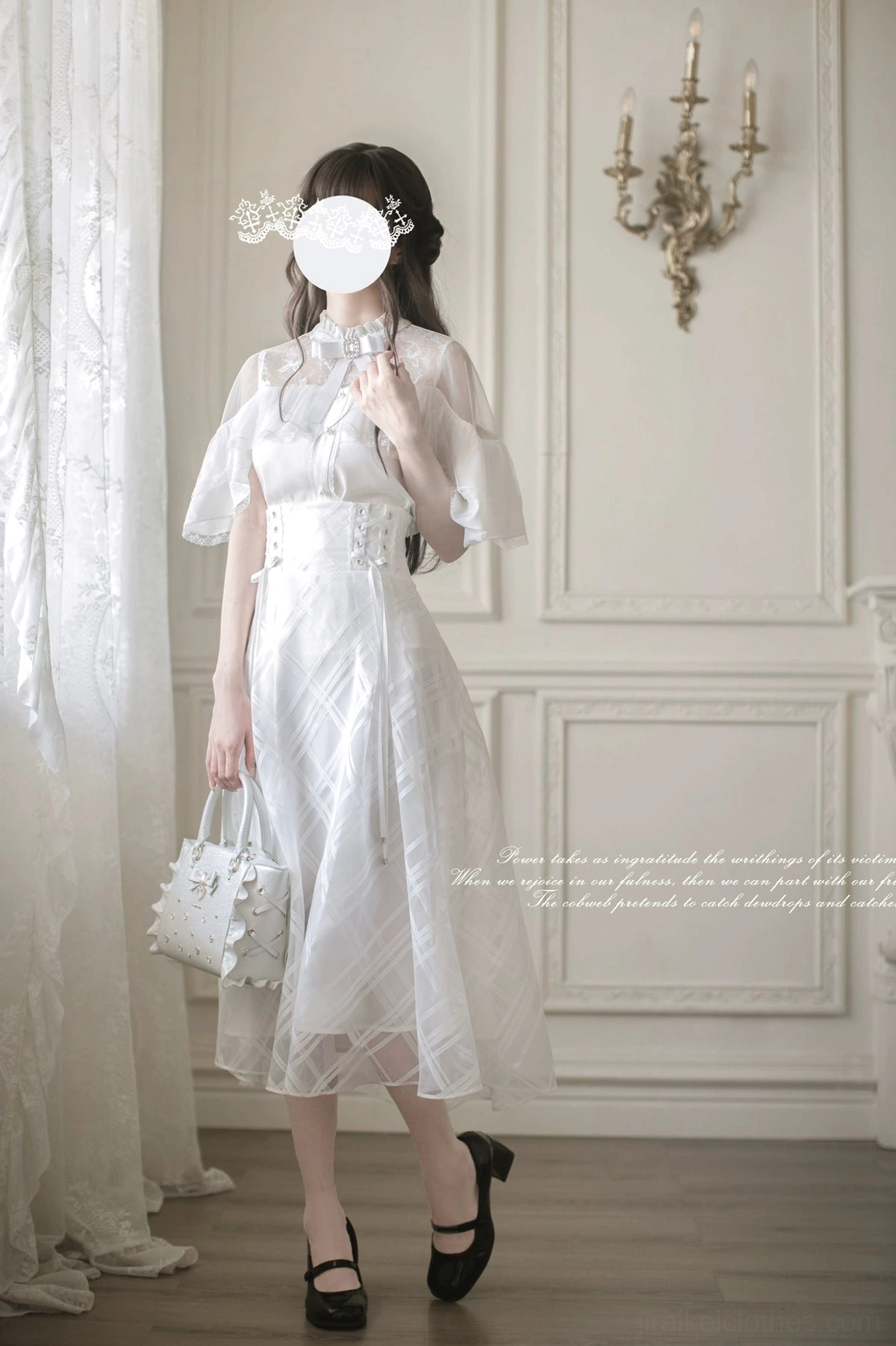 White Ryousangata plaid mesh cape dress front three-quarter view cold-shoulder design high neckline white handbag French-style interior