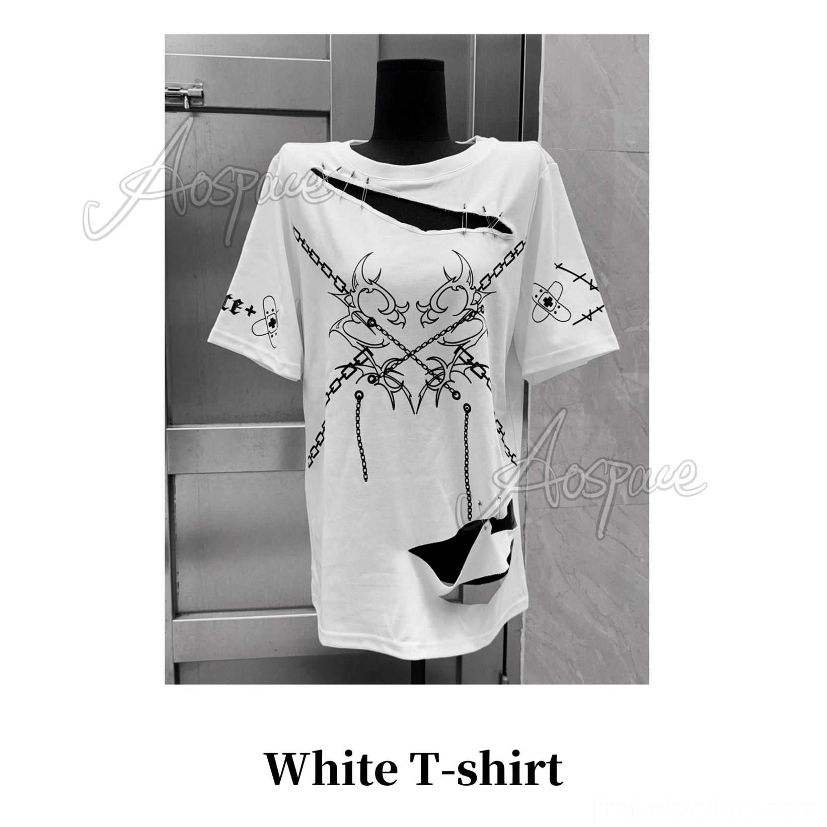 White jirai kei safety pin t-shirt with distressed cutout design and chain print graphics front view product shot
