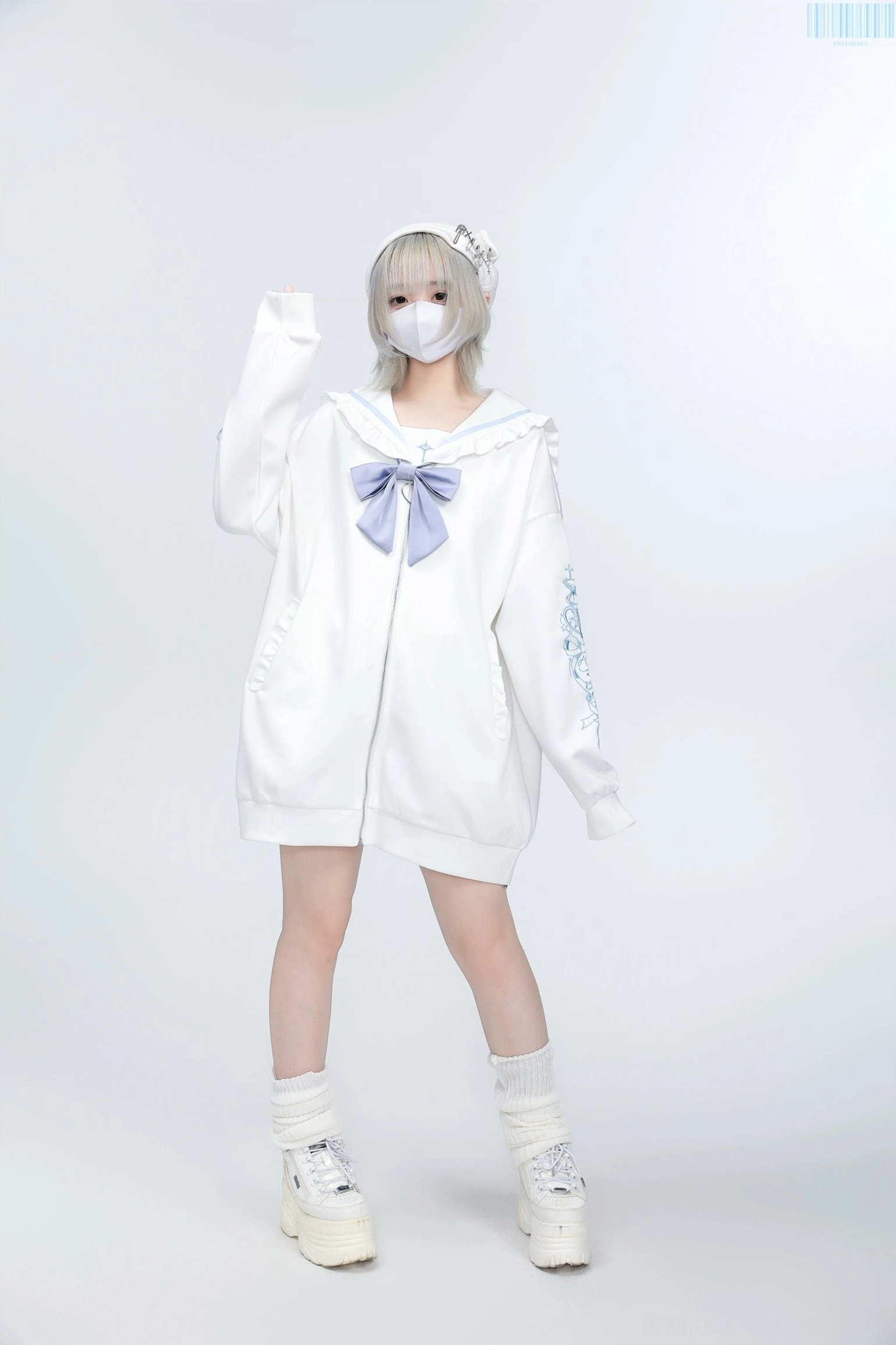 White plus-size Jirai Kei sailor collar embroidered jacket with light purple bow, sleeves detail and front zipper closure full view