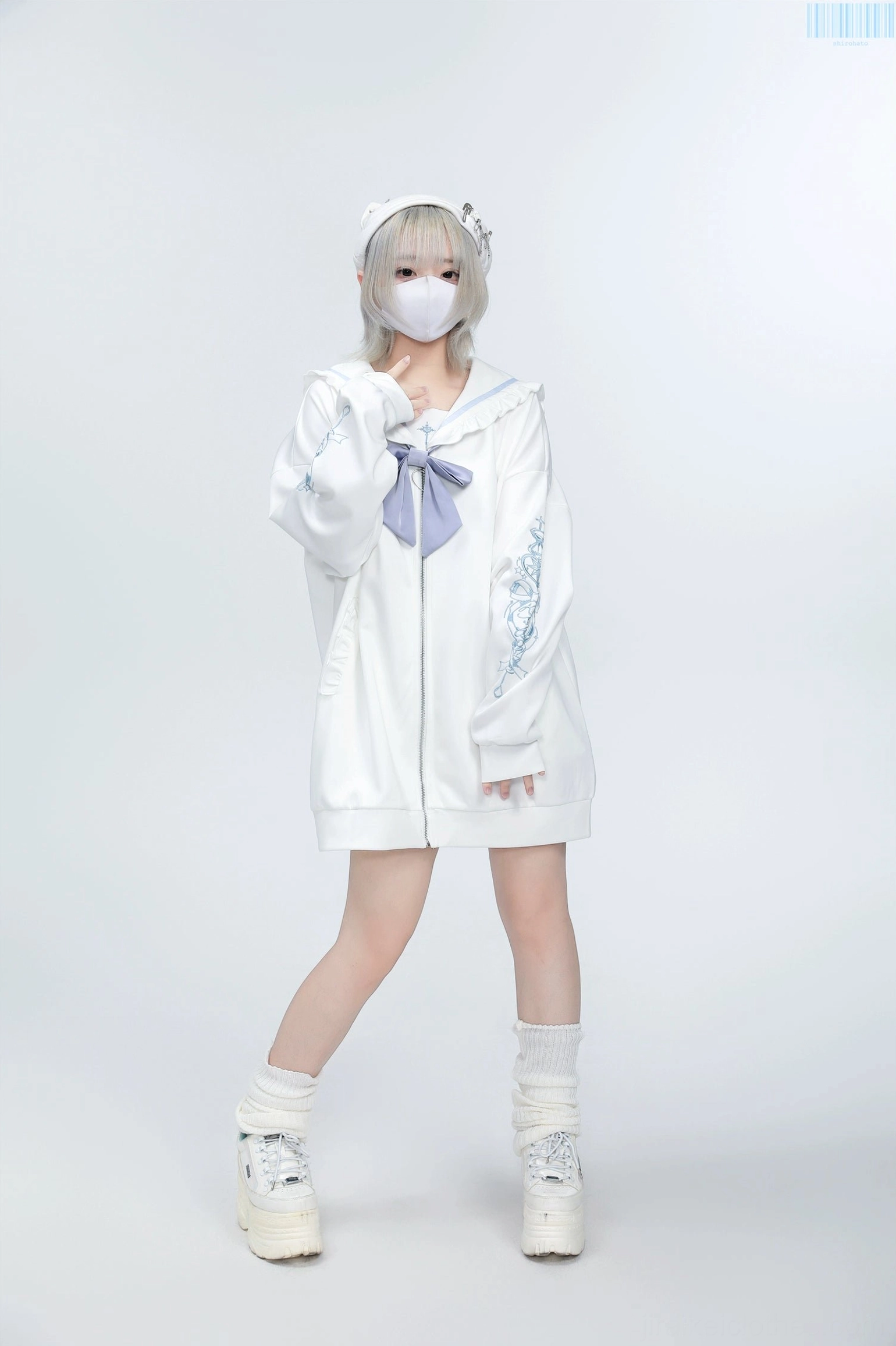Front view white Jirai Kei sailor collar embroidered jacket with light purple bow and heart zipper closure detail