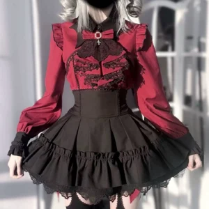 Model wearing white high-waist Jirai Kei skirt with layered ruffles and delicate lace detailing close-up detail shot