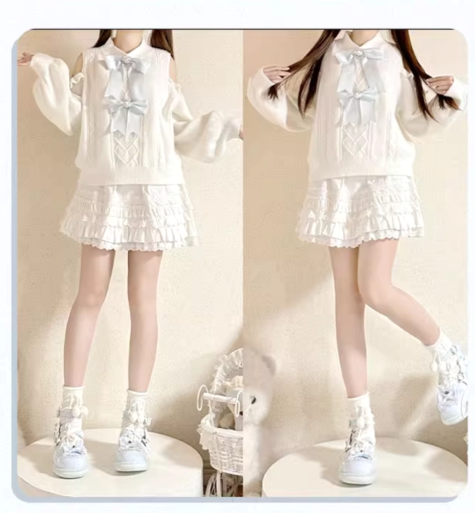 White Jirai Kei sweater long and short versions displayed side-by-side comparison showing both silhouette options