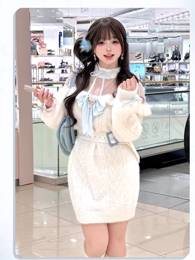 Neck and collar detail of white Jirai Kei sweater showing stand-collar construction with ruffle trim and bow placement