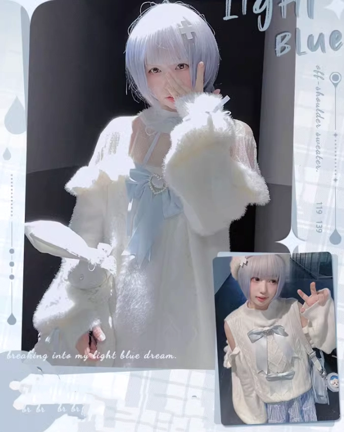 Sizing comparison of white Jirai Kei sweater in S, F, and L sizes showing fit differences across sizes