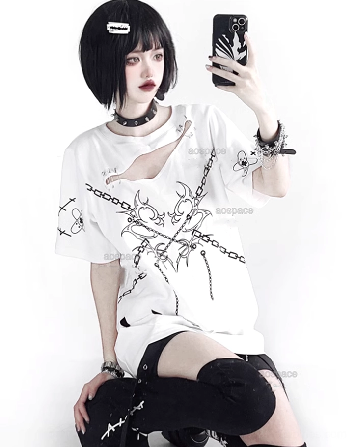 Single model in white jirai kei punk t-shirt with chest cutout and chain graphics wearing thigh-high socks in squat pose mirror selfie
