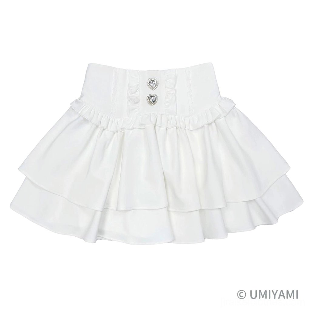 White jirai kei tiered mini skirt pure colorway, ethereal design, multi-layer ruffles, adjustable waist, clean aesthetic jirai kei piece