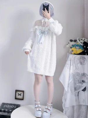 Full-body front view of white Jirai Kei stand-collar velvet sweater with off-shoulder design and light blue bow accent, minimalist studio setting