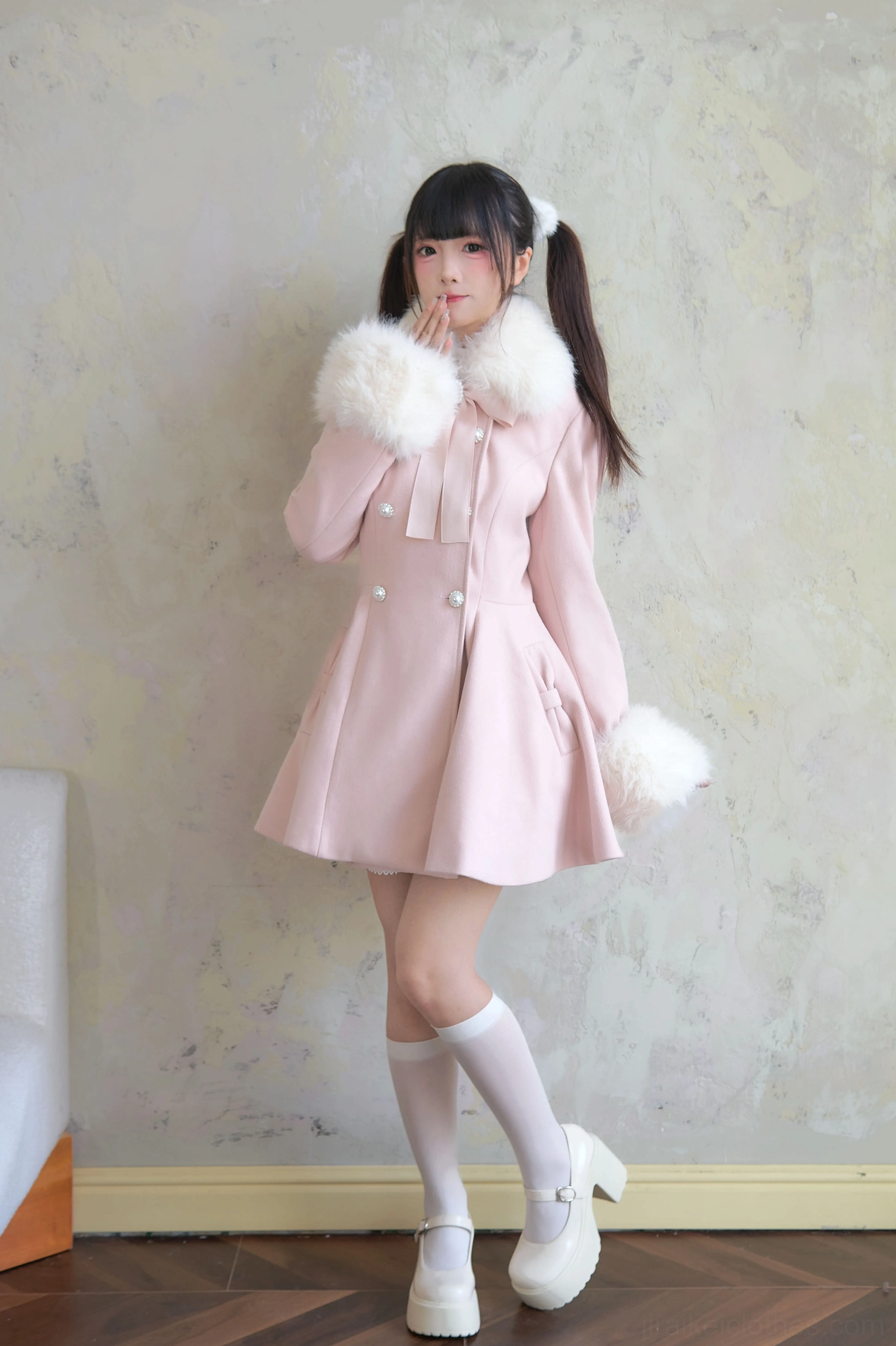 White Jirai Kei mid-length winter coat front full-body view with white faux fur collar cuffs double-breasted fasteners and flared hem