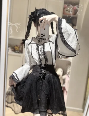 White lace hime sleeve jirai kei blouse with ruffled collar elegant japanese fashion