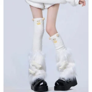 Off-white cream plush leg warmers set with beige stacked knee socks and tiny bear decor white bone accents platform shoes Y2K style