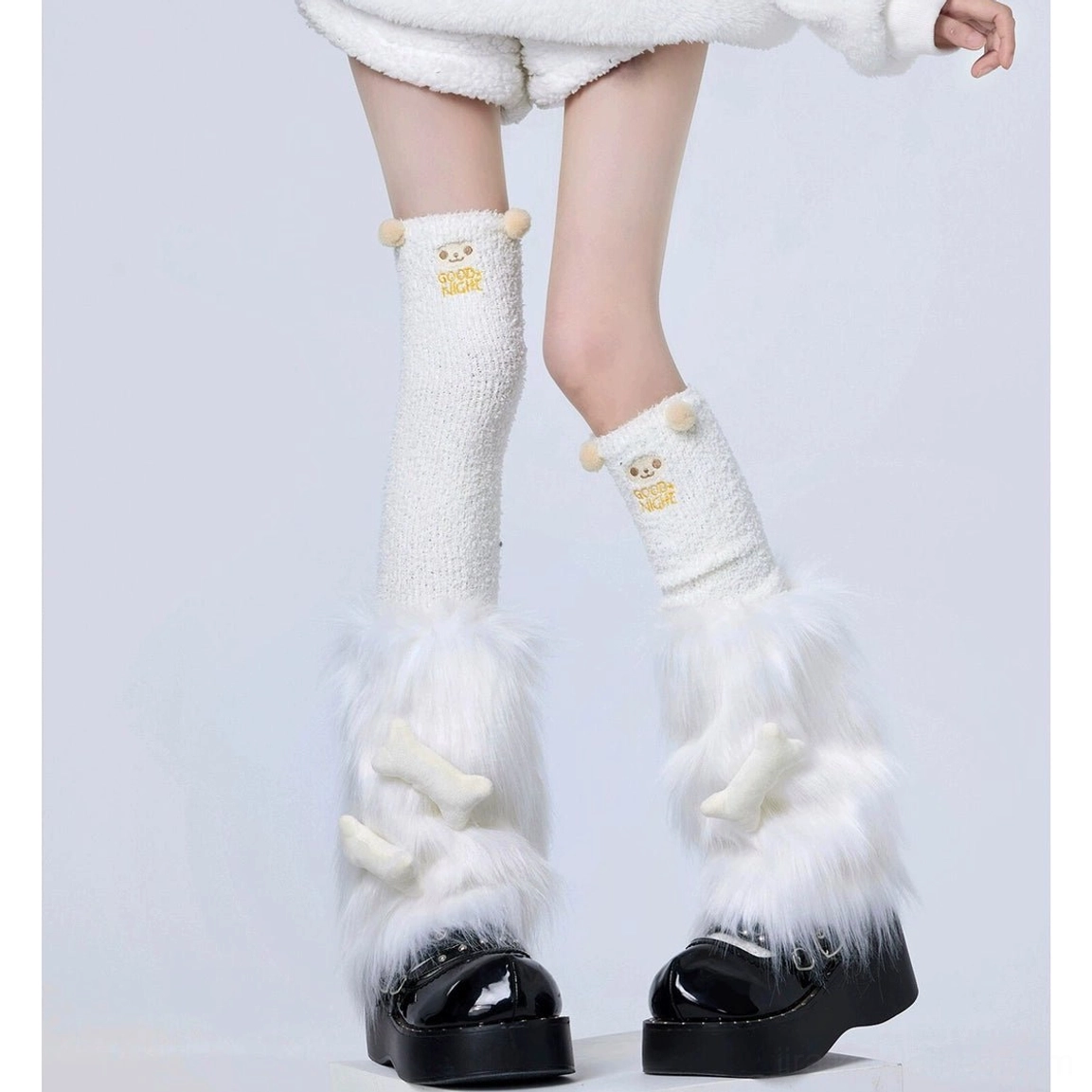 Off-white cream plush leg warmers set with beige stacked knee socks and tiny bear decor white bone accents platform shoes Y2K style