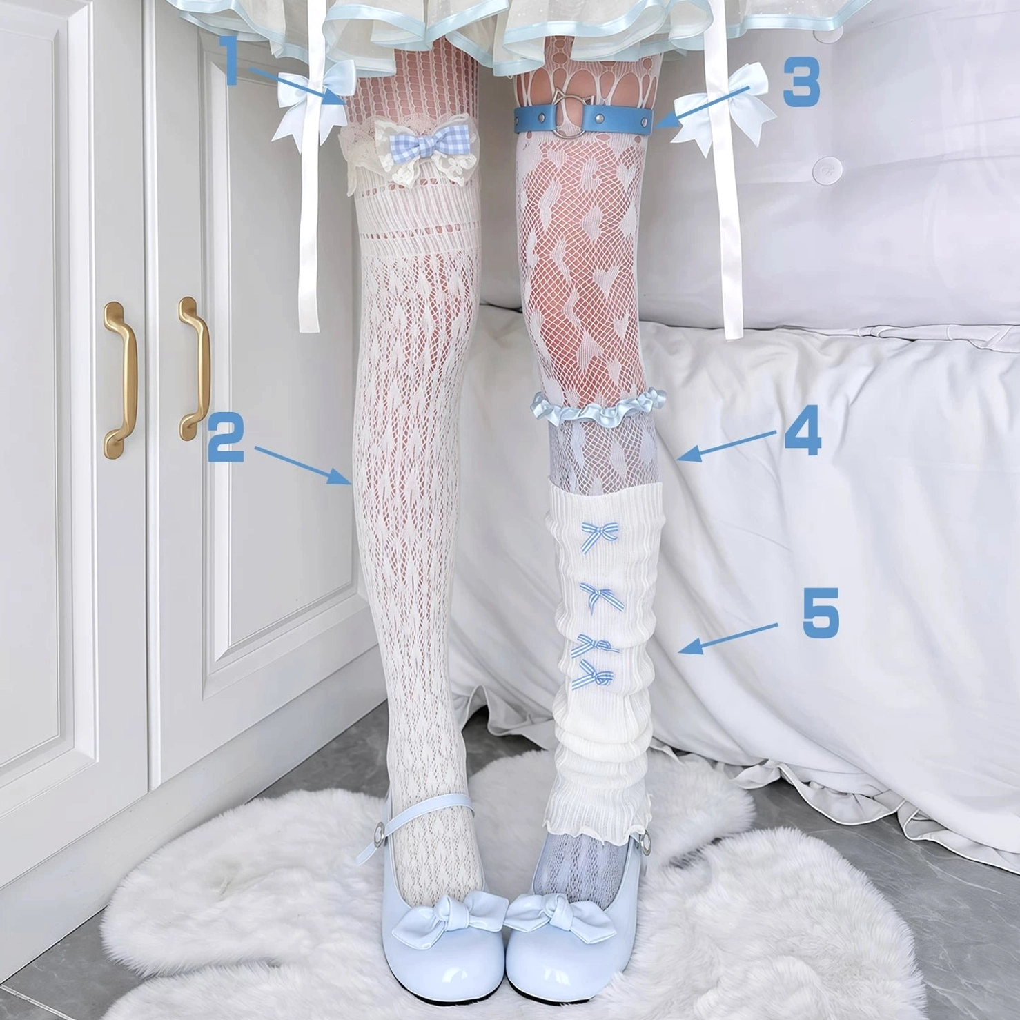 White and light pink Jirai Kei sock set with lace leg rings and bow decorated stockings, worn with mary jane shoes