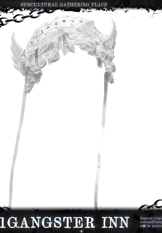 White Jirai Kei lace hairband flat side product shot showing ruffled lace angel wing decor and long satin tie straps against branded graphic backdrop with chain text