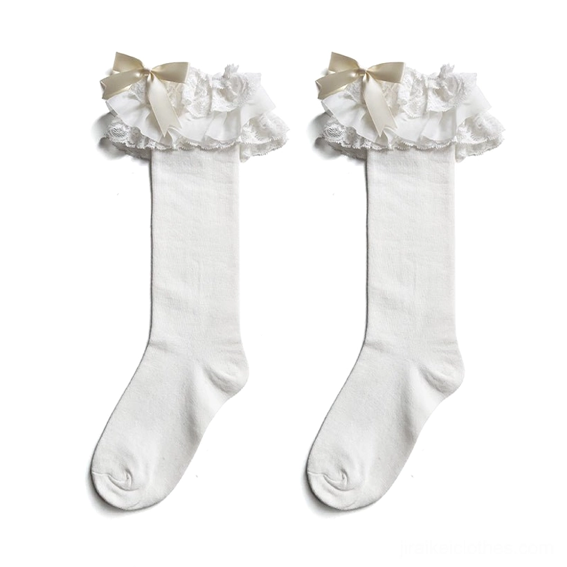 White long Jirai Kei knee-length lace socks with ribbon bows premium cotton spandex blend breathable comfortable
