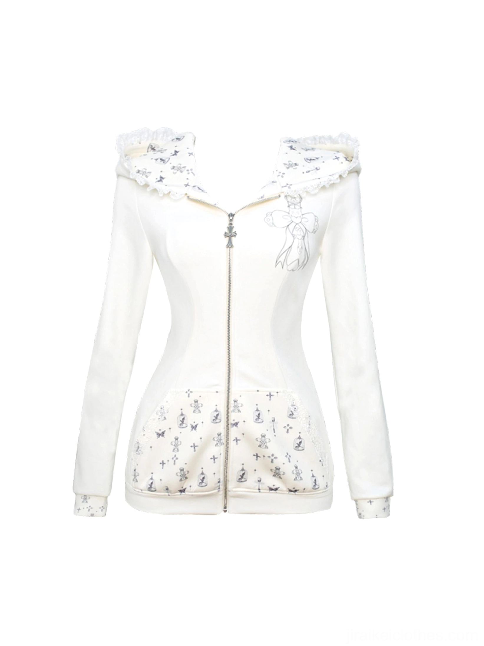 White long-sleeved bunny ear hoodie full view showing extended sleeve length cuff detail and complete hood design
