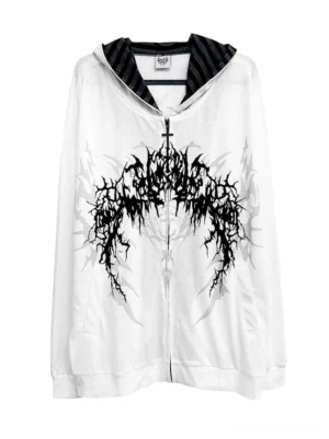 White oversized cotton jirai kei hooded jacket with black thorn graphic print front flat lay product view featuring striped hood lining