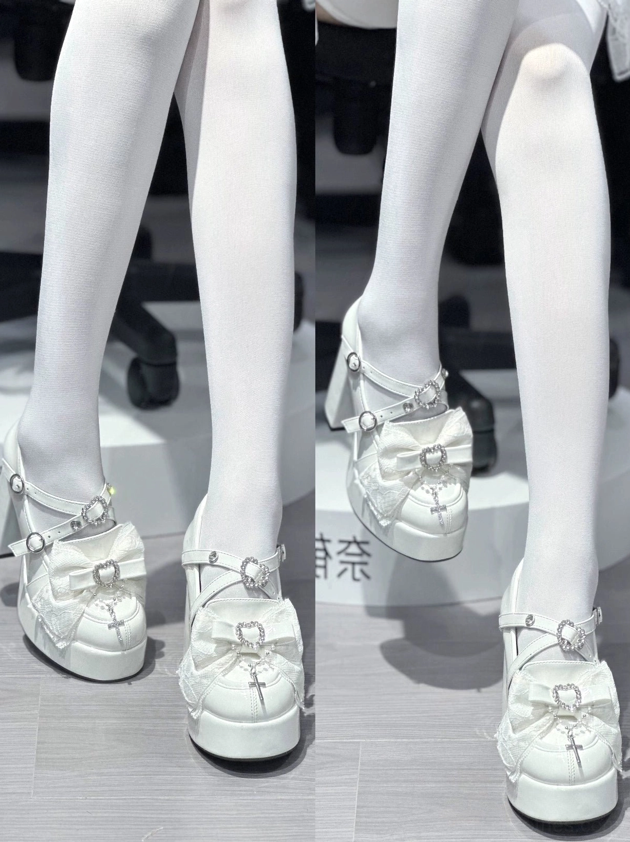 Front-facing paired view of white patent Jirai Kei lolita platform heels with double heart-shaped rhinestone decorations and delicate adjustable buckle straps