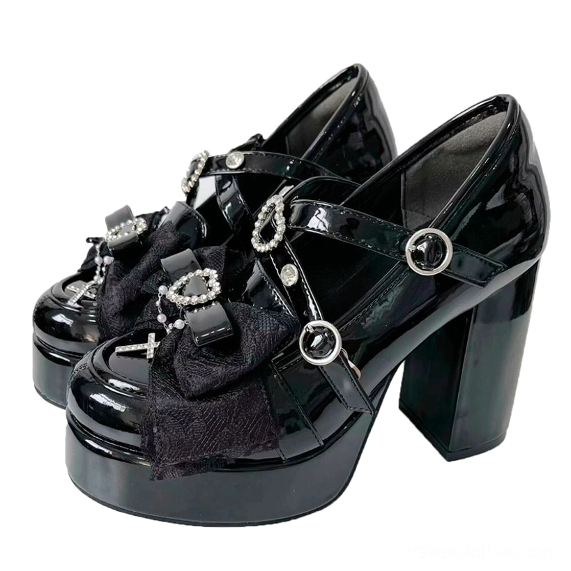 White patent leather Jirai Kei platform high-heel shoes with heart-shaped rhinestones and delicate lace bow decoration, full shoe product view
