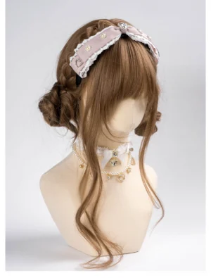 White-pink grey-pink Jirai Kei lace bow rhinestone headband with heart pendants, front display on mannequin, delicate feminine aesthetic