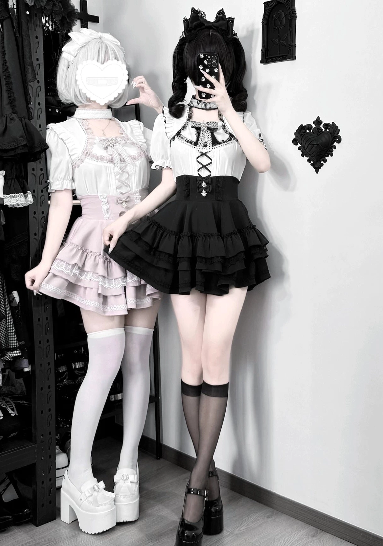 White and pink heart lace collar Jirai Kei blouse detail view showing lace trim pintucks and lace-up front detailing